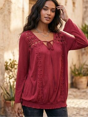 C Collection Women's Crochet Yoke Long Sleeve Top - Wine Size XL